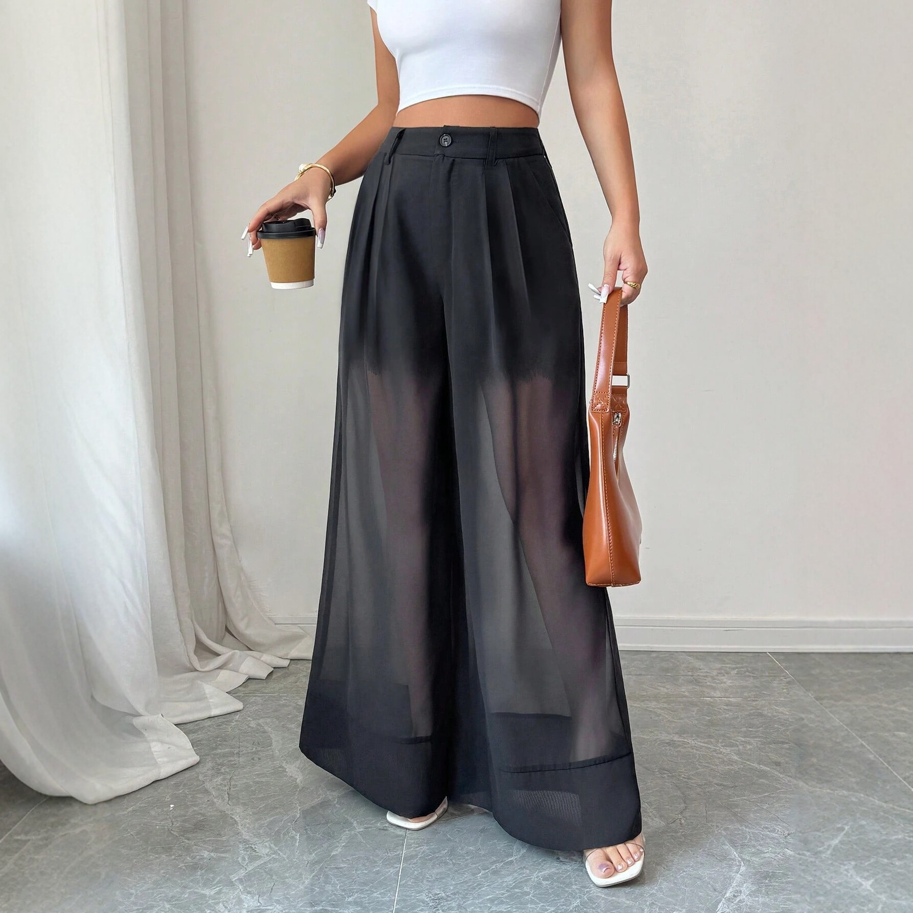 Women's High-Waist Wide-Leg Straight Pants Loose Drape Floor-Length