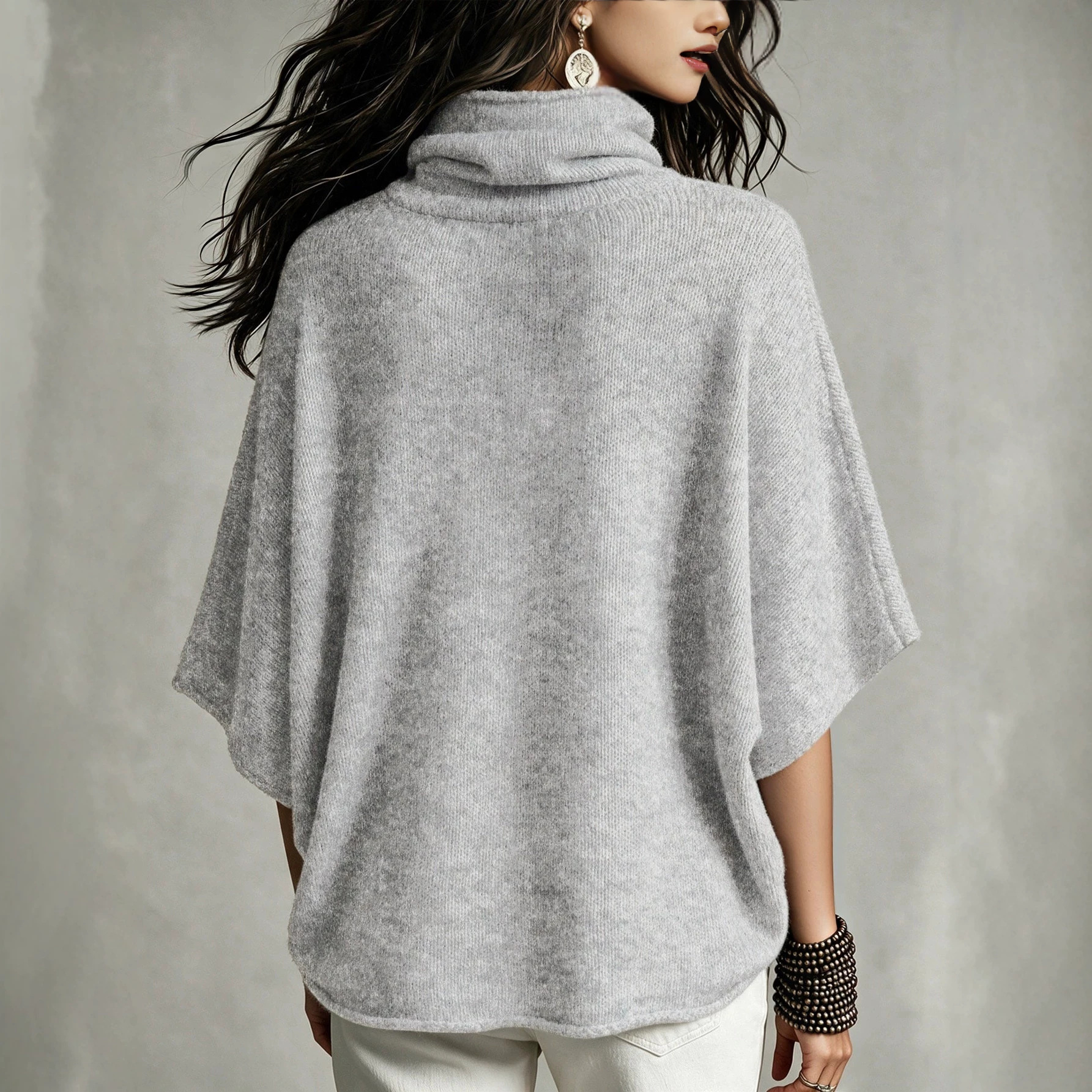 Women's High Neck Loose Knit Poncho Sweater Casual Pullover Top