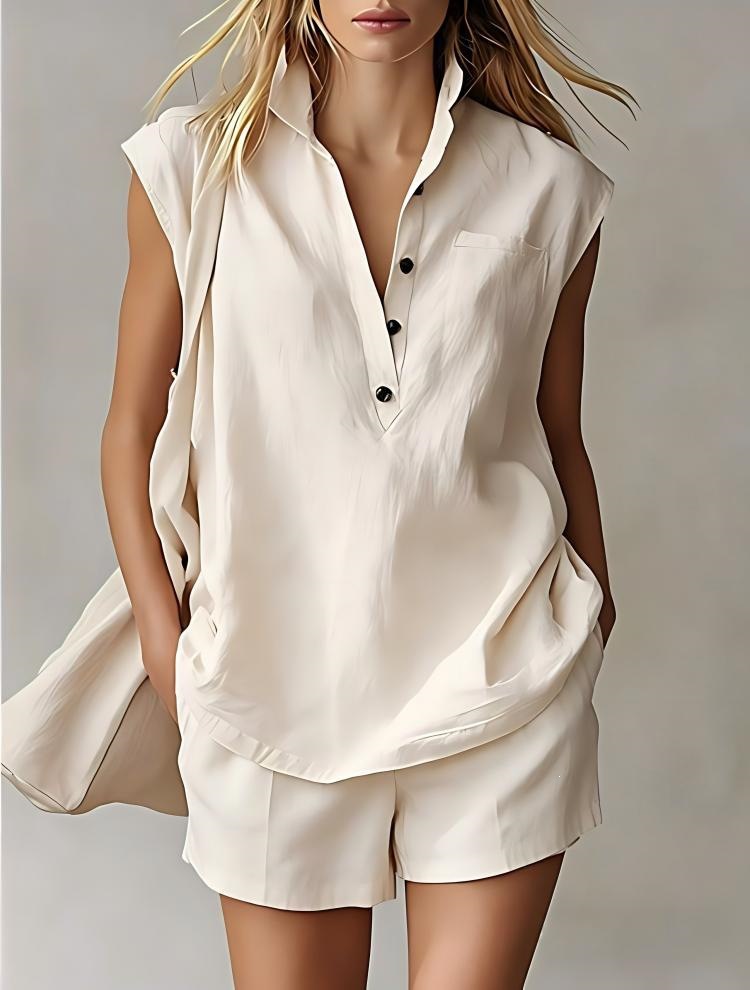 Women's Sleeveless Open-Front Top Set Casual Solid Color