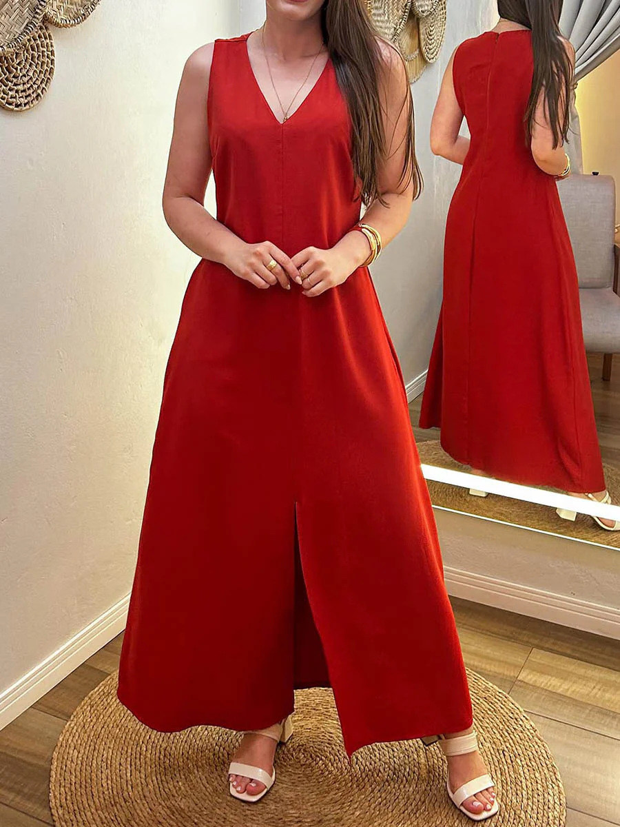 Women's Solid V-Neck Sleeveless Loose Cotton-Linen Maxi Dress