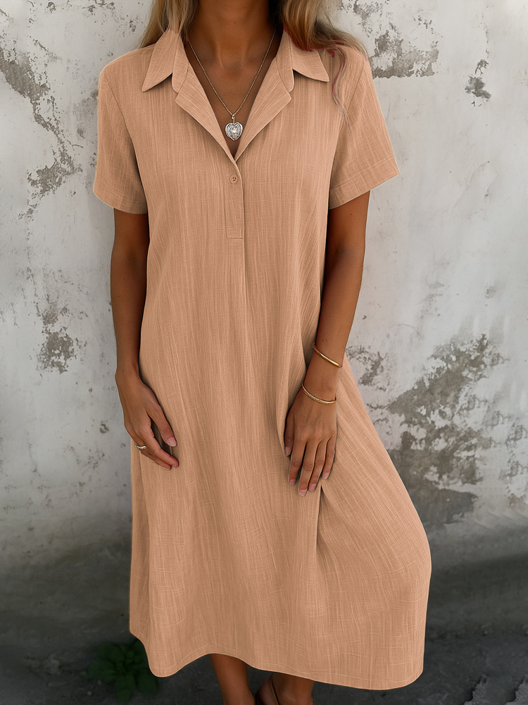 Women's Casual Cotton-Linen V-Neck Short Sleeve Loose Midi Dress