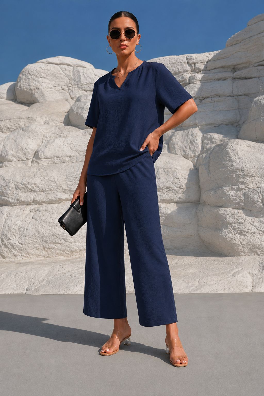 Women's Solid V-Neck Short-Sleeve Top & Wide-Leg Cropped Pants Vacation Set