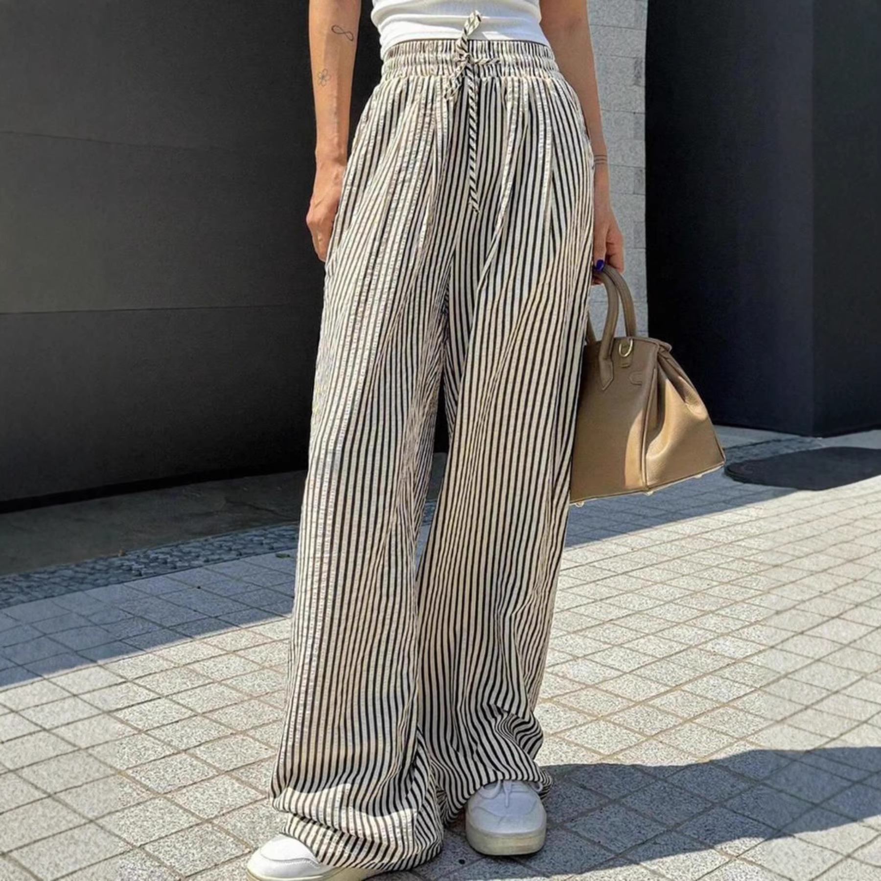 Striped Wide-Leg Drawstring Pocket Casual Straight Pants for Women