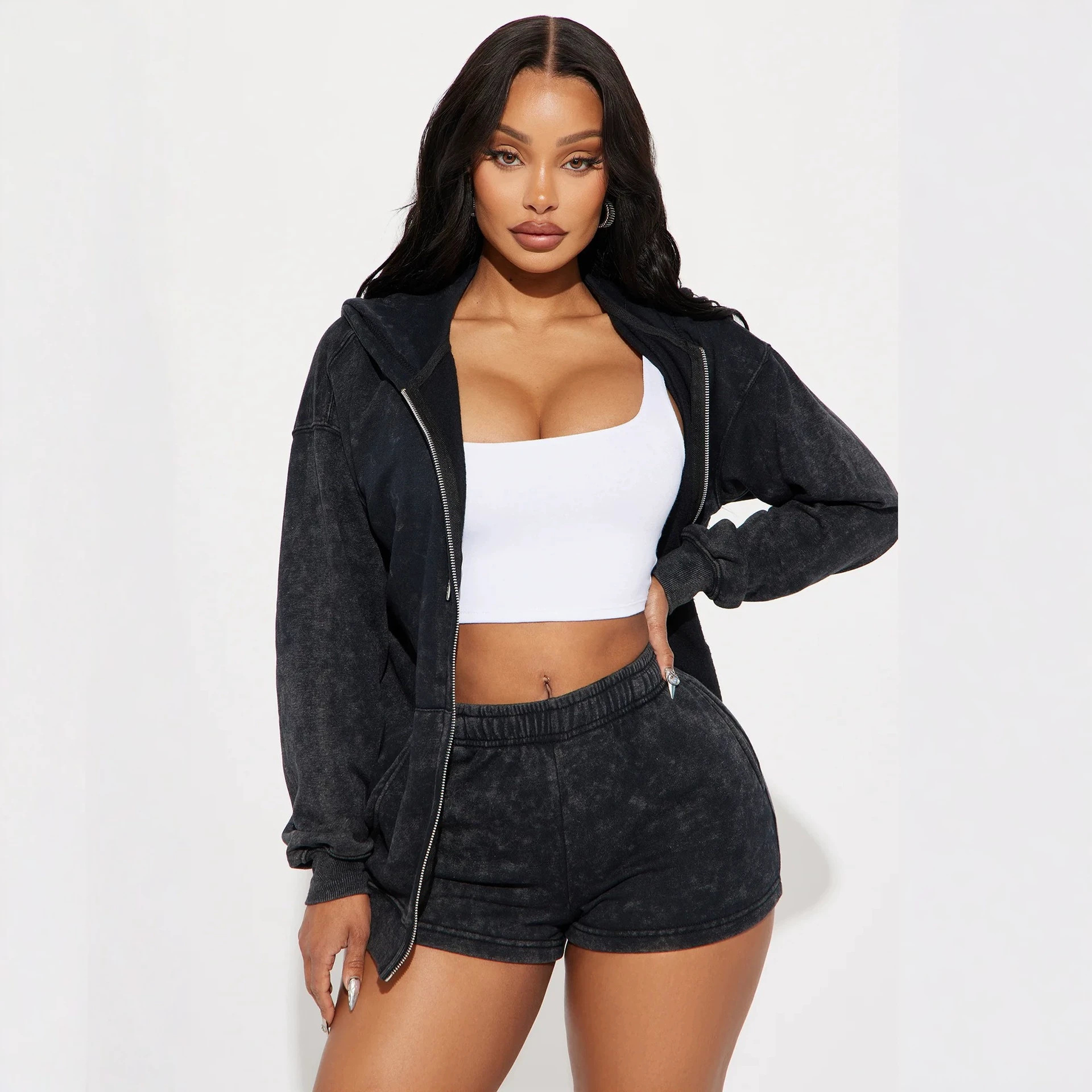 Women's Long Sleeve Crop Top and Shorts Set Casual Sporty Two-Piece Outfit