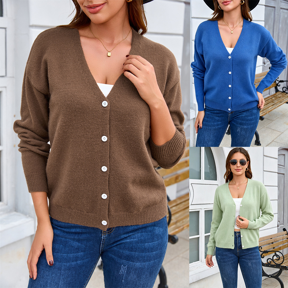 Women's Solid Color Button-Up Knit Cardigan Long Sleeve V-Neck