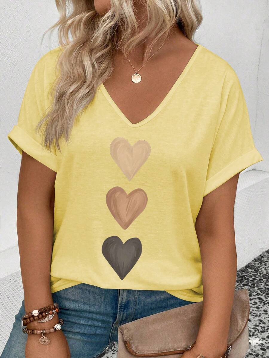 Gradient Heart Print V-Neck Short Sleeve Loose Women's Top