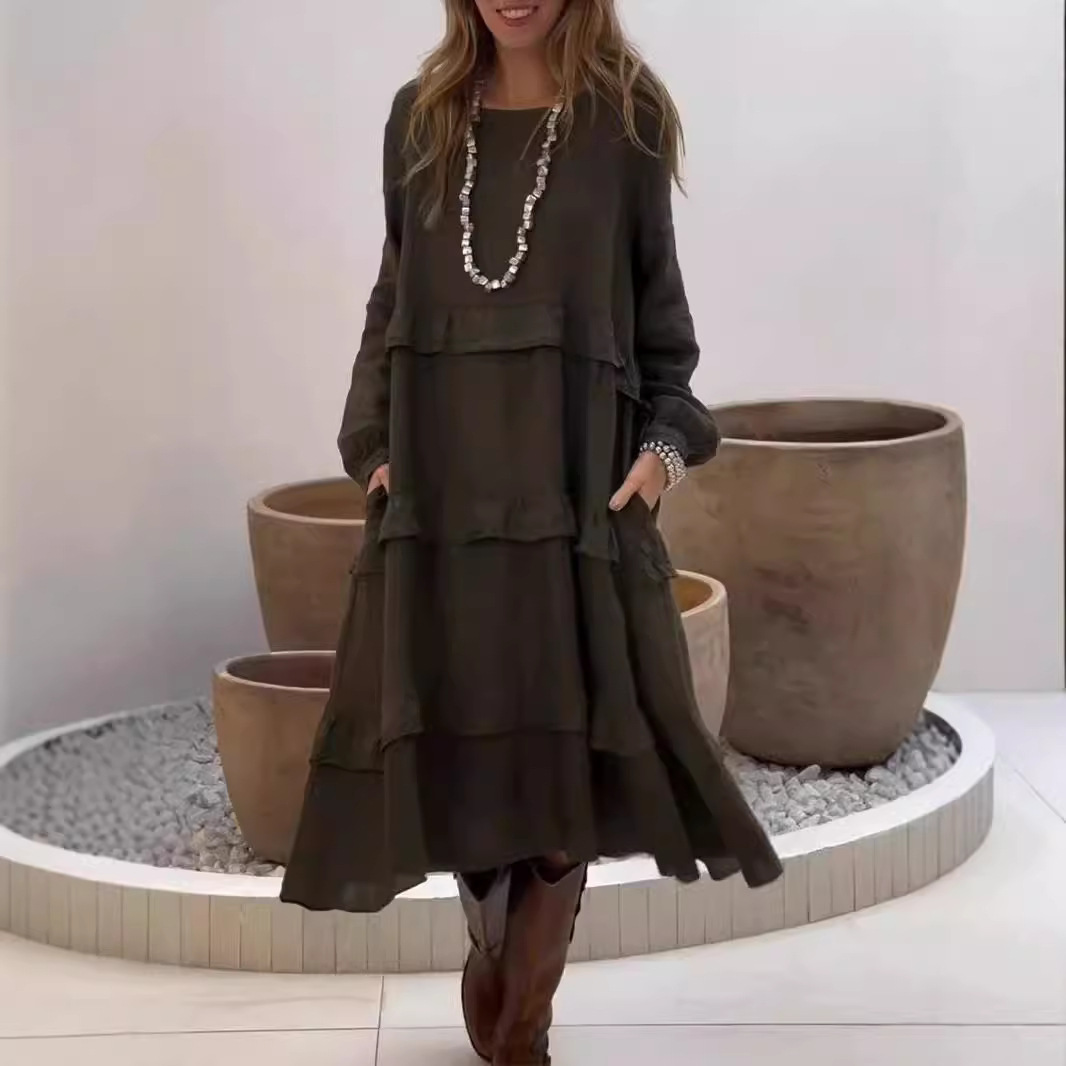 Women's Long Sleeve Ruffle Trim A-Line Dress with Pockets
