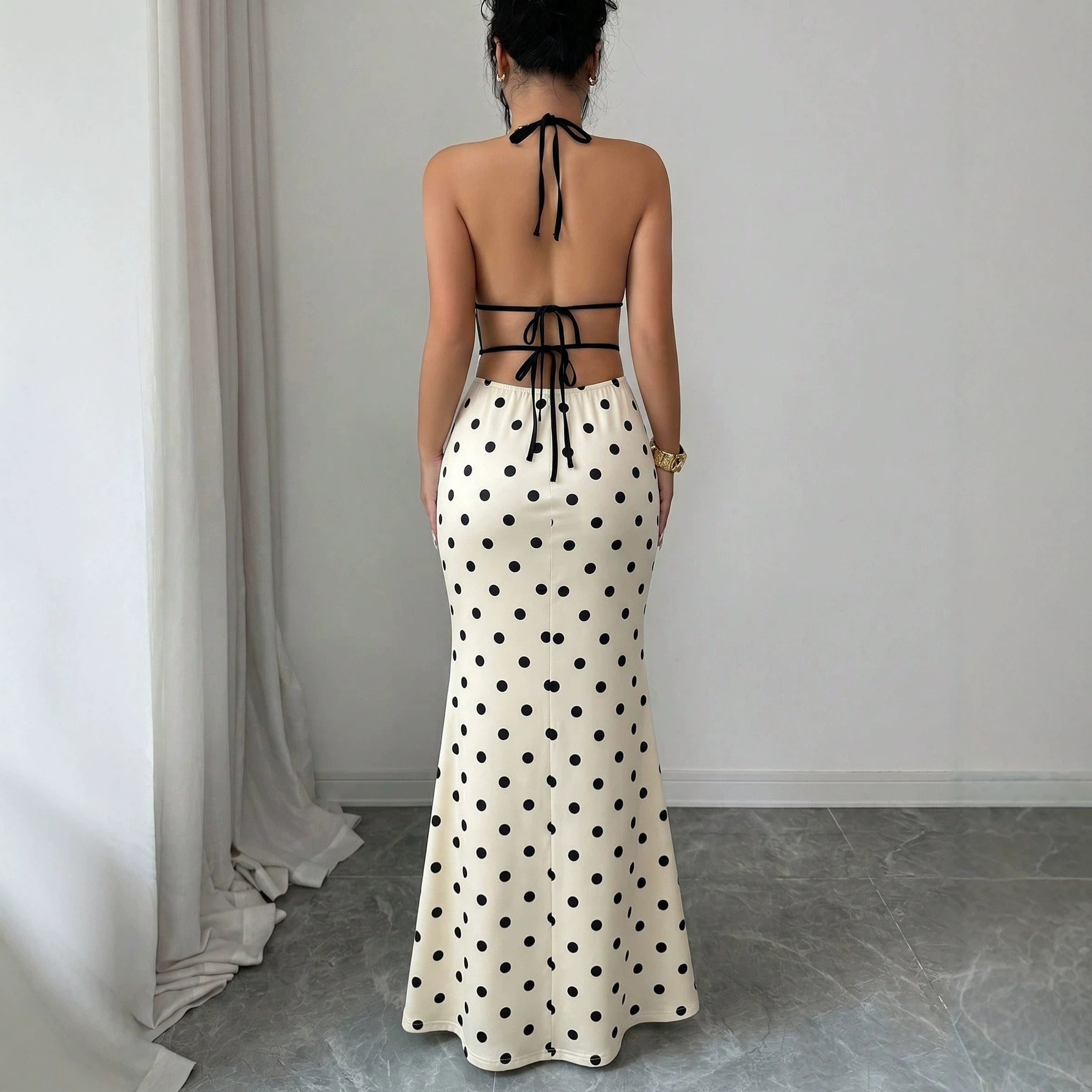Polka Dot Halter Deep V Backless Tie Bodycon Maxi Dress