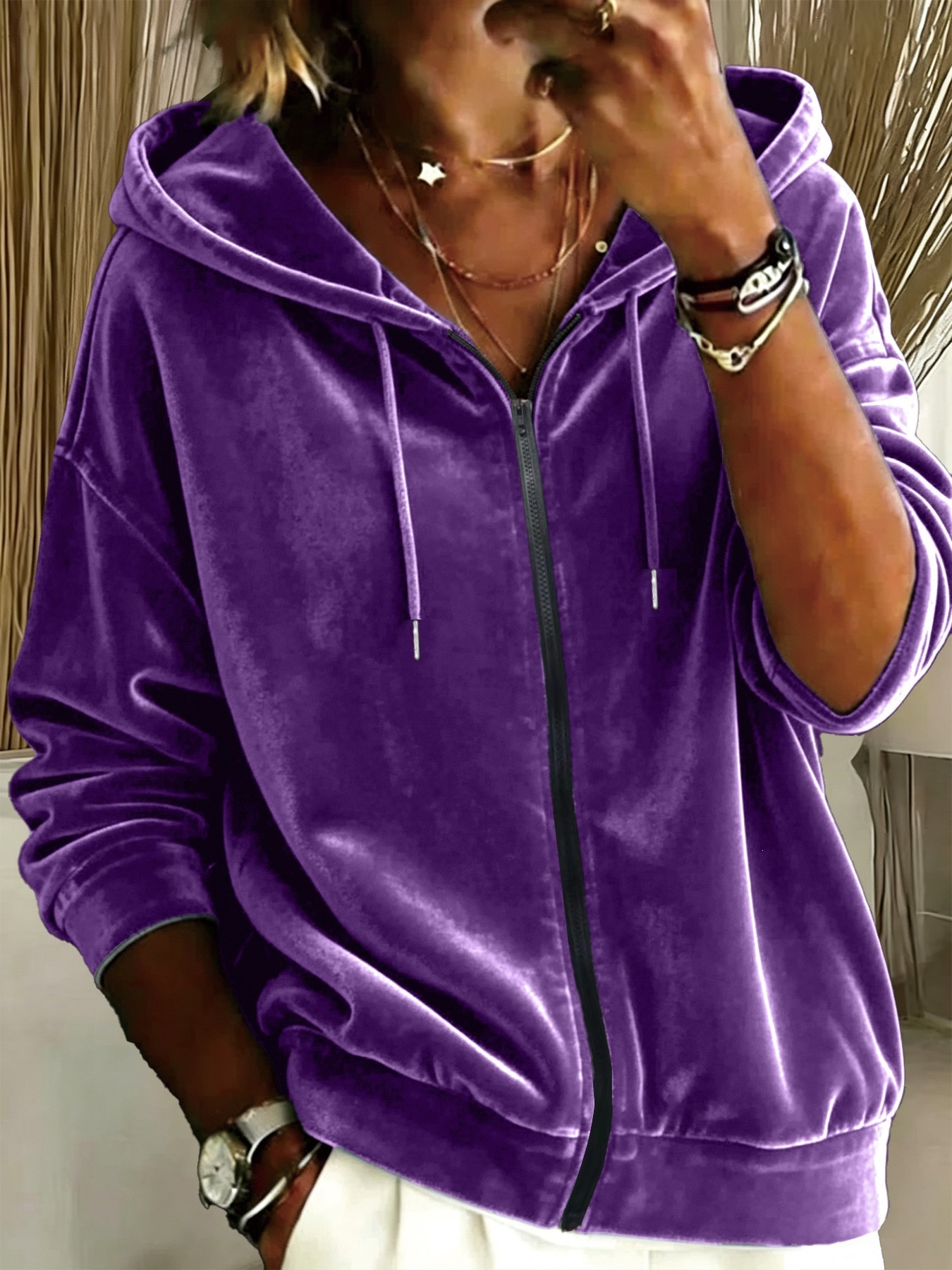 Women's Solid Color Drawstring Hooded Zip-Up Long Sleeve Sweatshirt