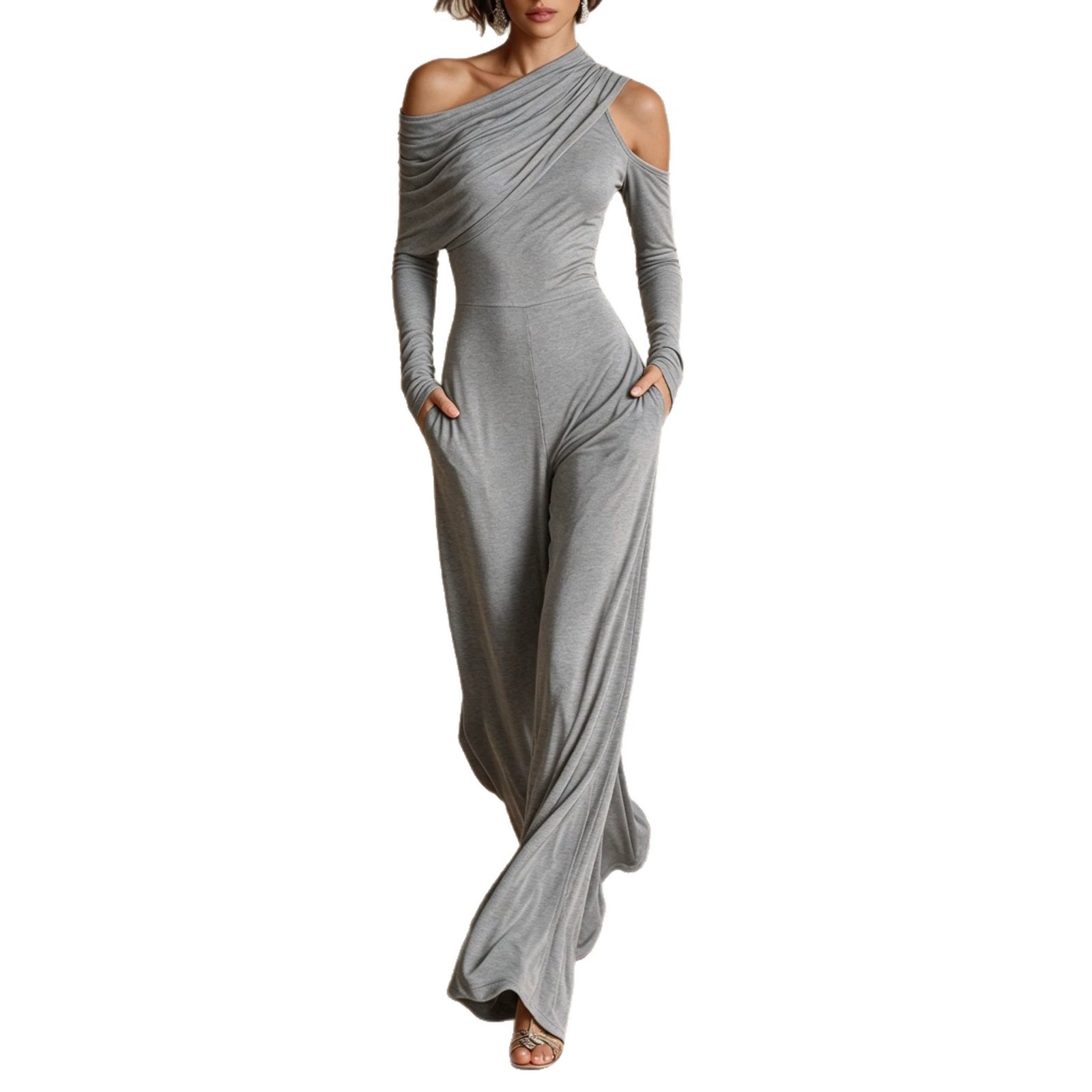 Women's Asymmetric One-Shoulder Pleated Wide-Leg Jumpsuit