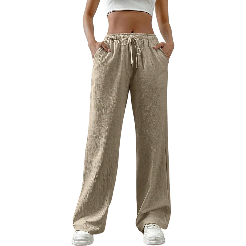 Women's Cotton Linen Wide-Leg Pants Casual Loose High-Waist Drawstring
