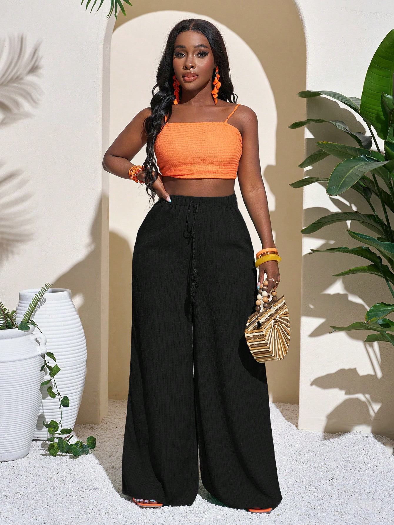 Women's High-Waist Wide-Leg Pants Casual Solid Color Drawstring
