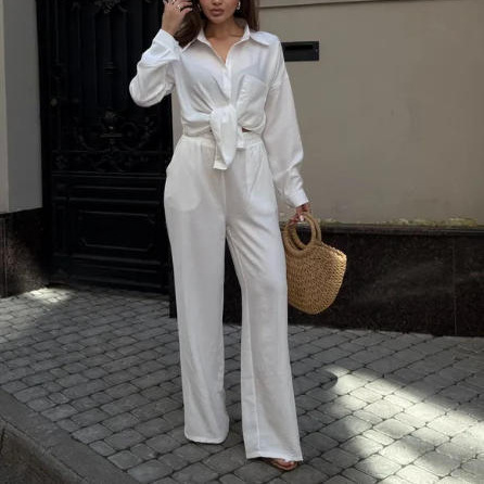 Women's Loose Long-Sleeve Top & Wide-Leg Pants Two-Piece Casual Set