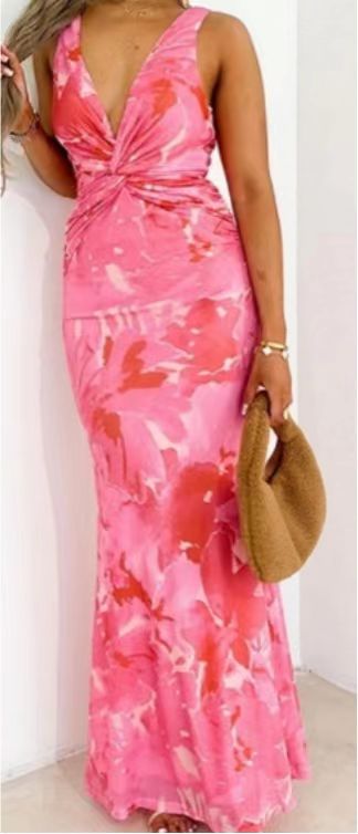 V-Neck Floral Print Stretch Bodycon Dress with Slit