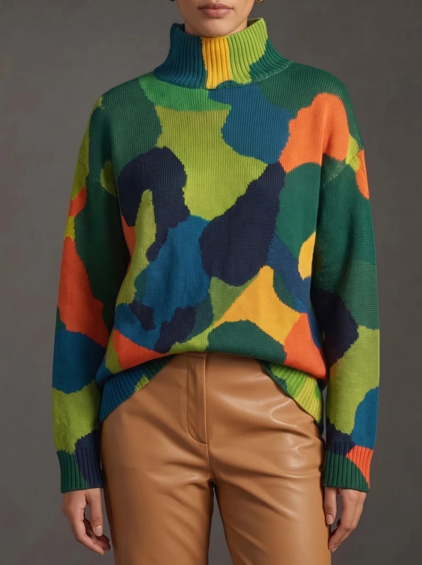 Women's Floral Polka Dot Print Turtleneck Casual Sweater