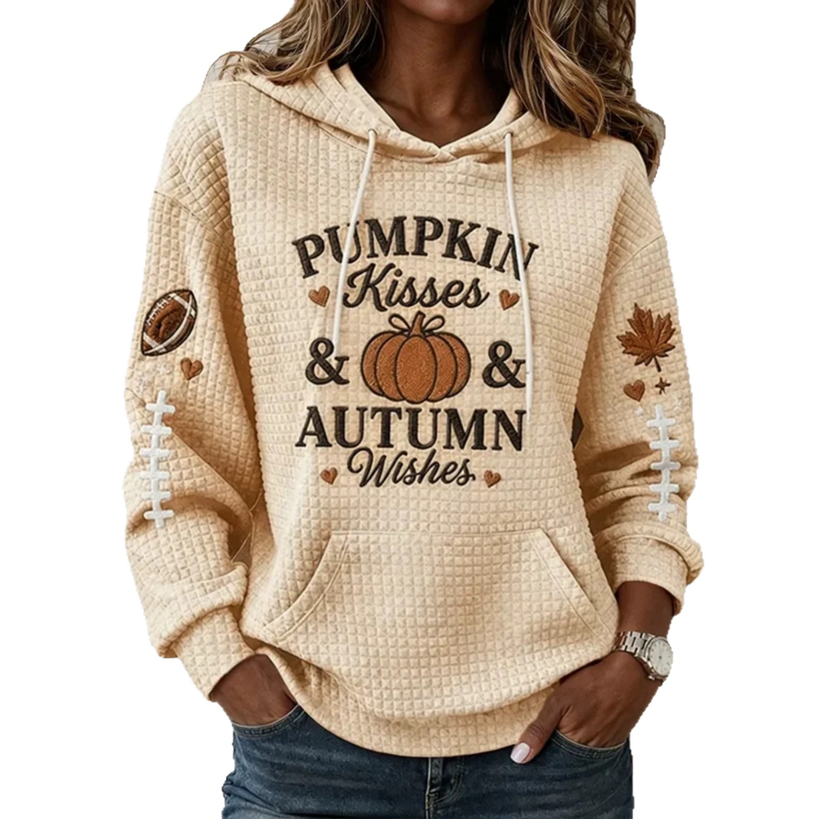 Pumpkin Football Waffle Knit Loose Fit Hoodie Women's Top