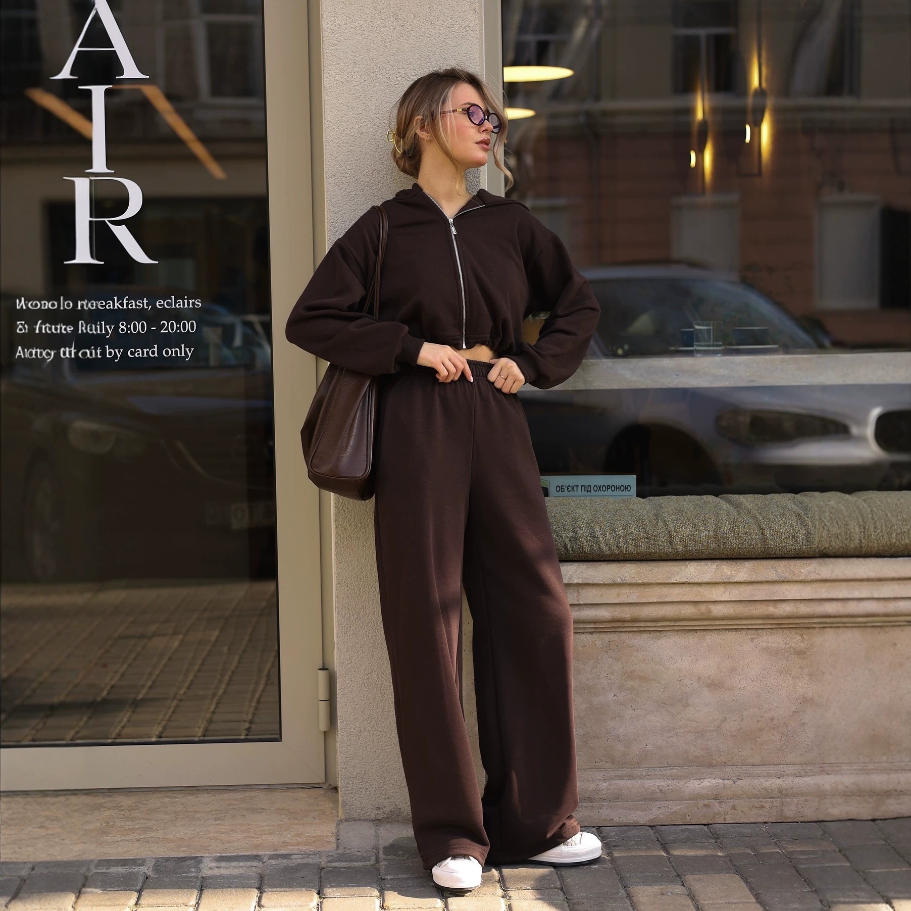 Women's Hooded Zip-Up Sweatshirt and Wide-Leg Pants Set Solid Color