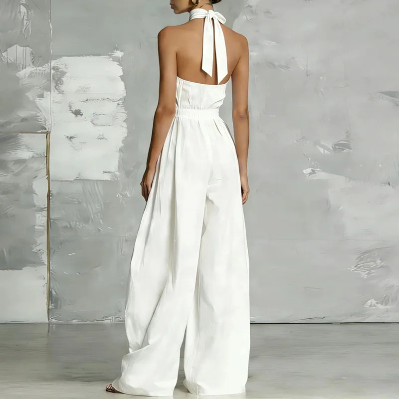 Women's Solid Color Waist-Defining Open-Back Halter Wide-Leg Jumpsuit