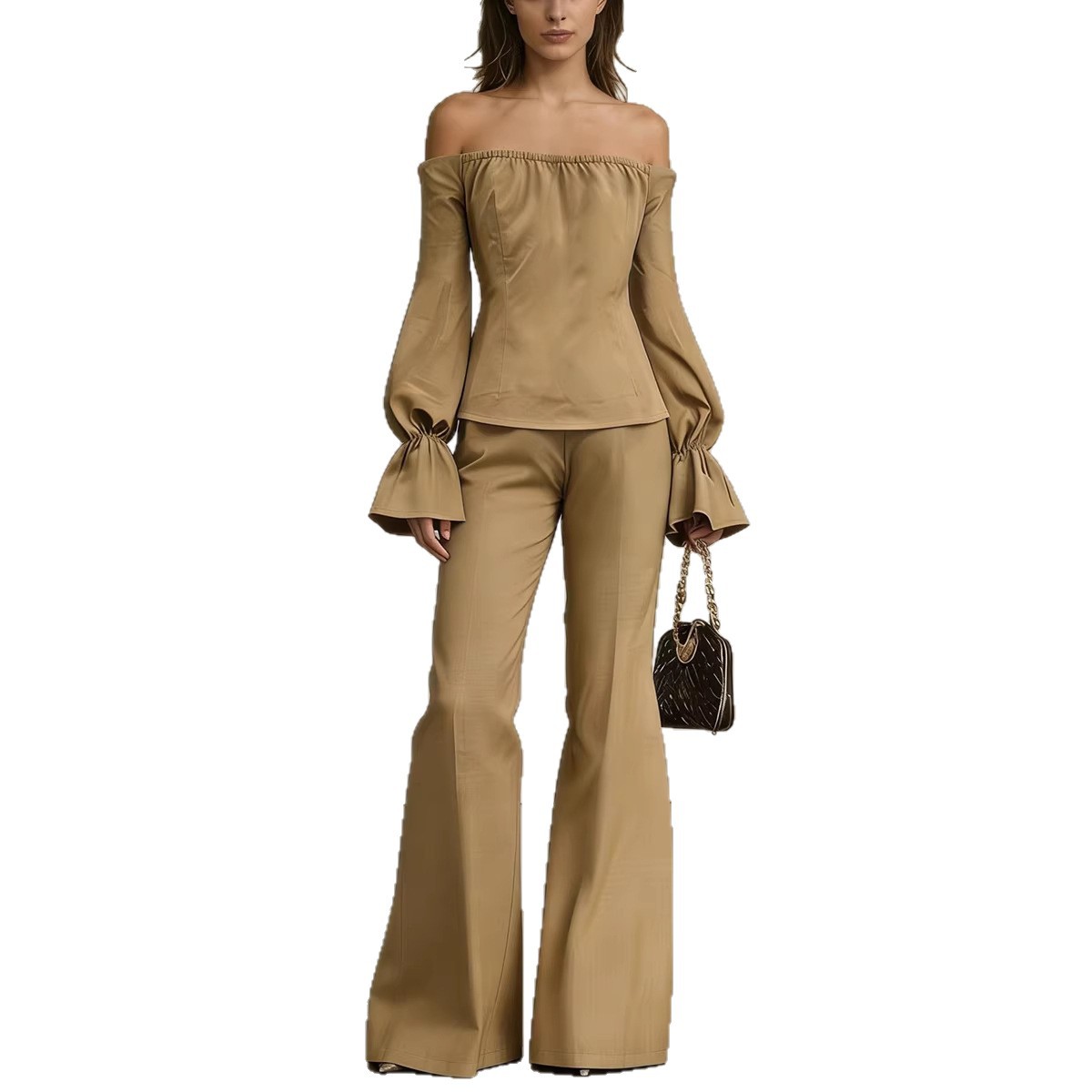 Puff Sleeve Off-Shoulder Top and Wide-Leg Pants Two-Piece Set