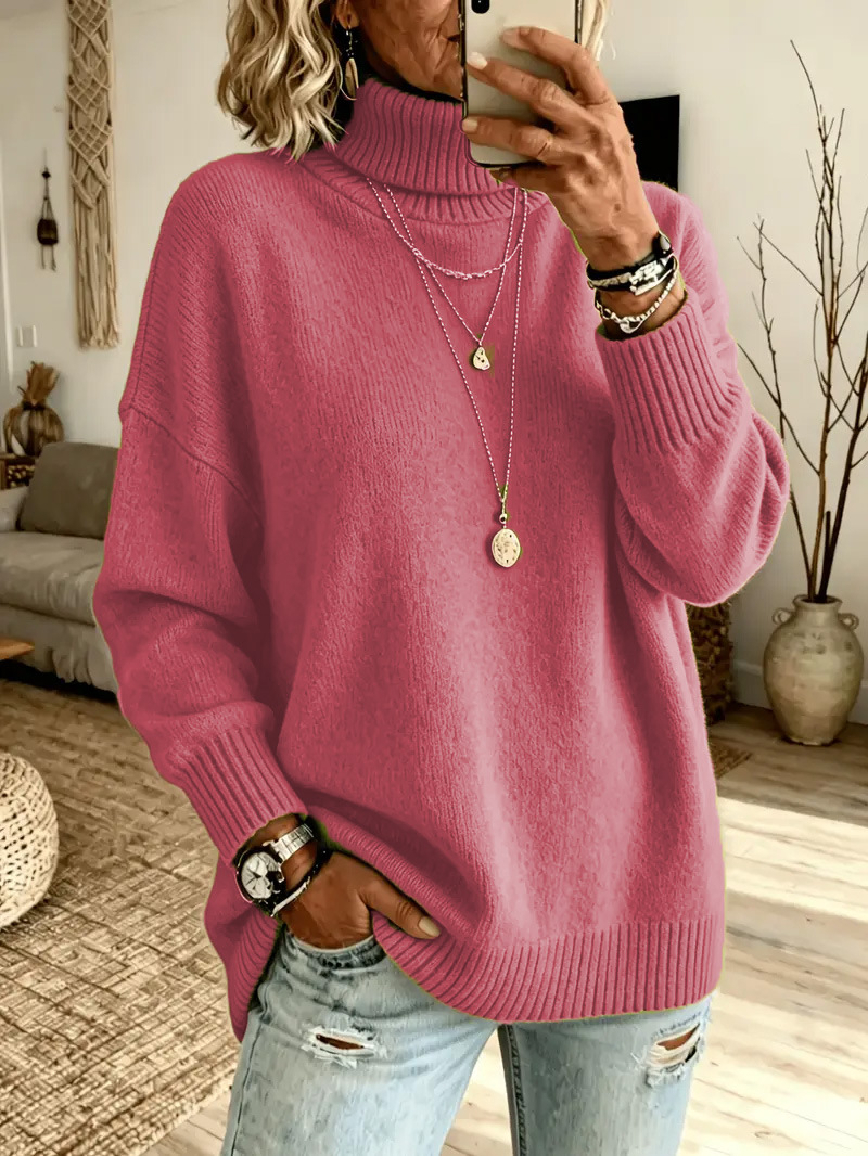 Women's Lazy Pure Color Elegant Slit Loose Turtleneck Knit Sweater