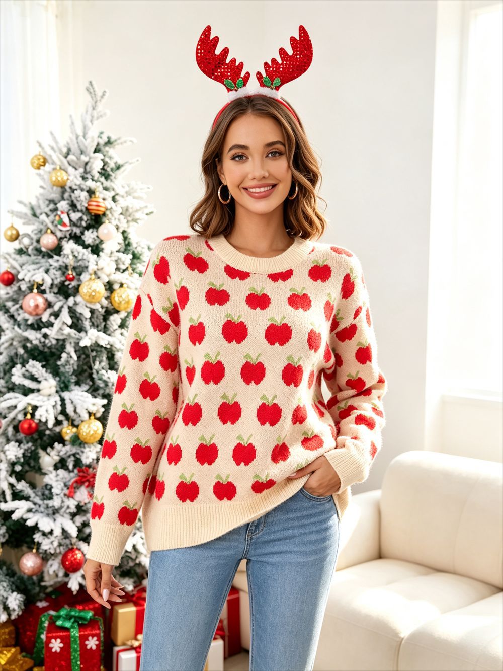 Plus Size Christmas Color-Block Knit Sweater Long Sleeve Pullover