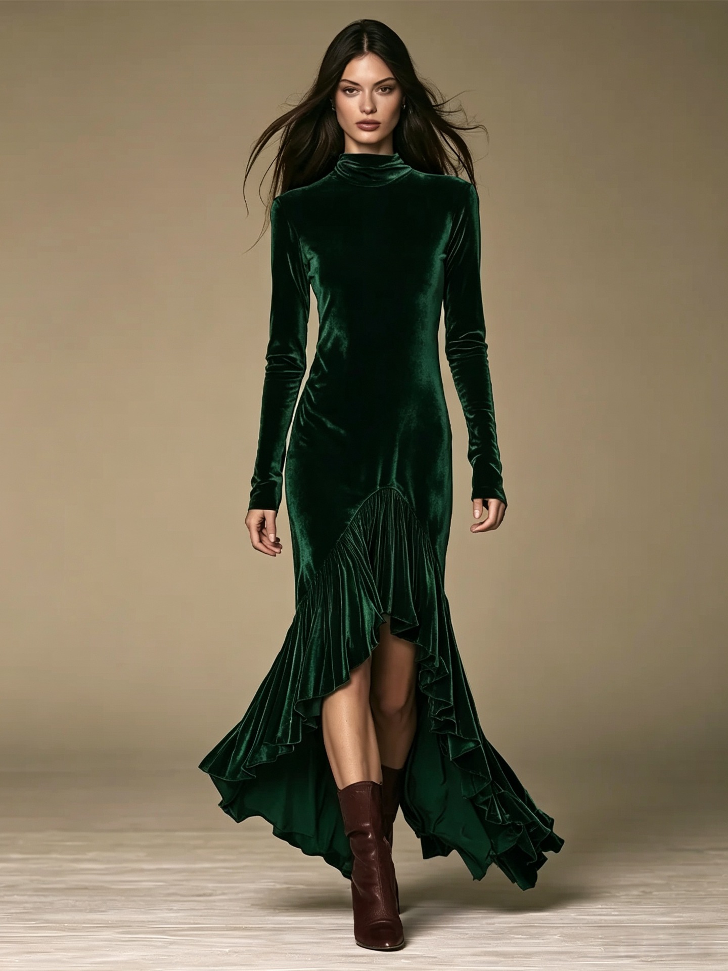 Velvet High Neck Ruched Mermaid Evening Dress with Ruffle Hem
