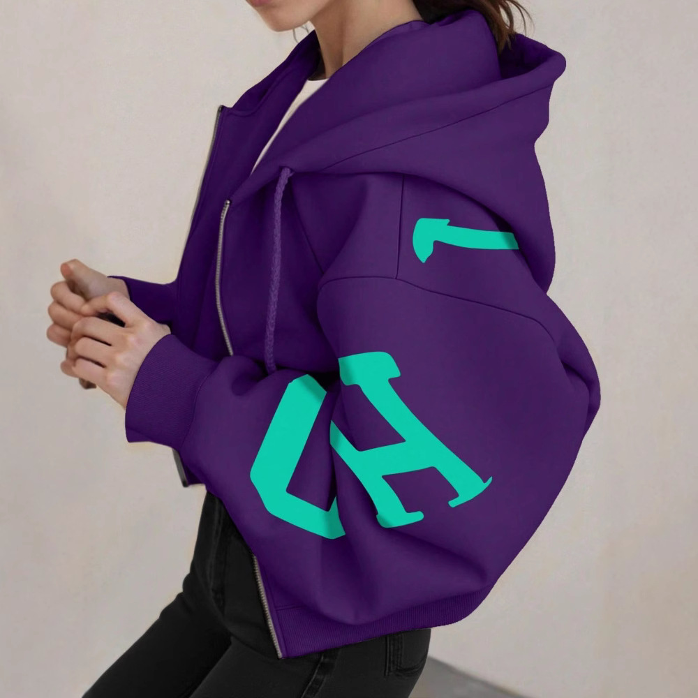 Women's Casual Letter Print Loose Hooded Zip-Up Sweatshirt
