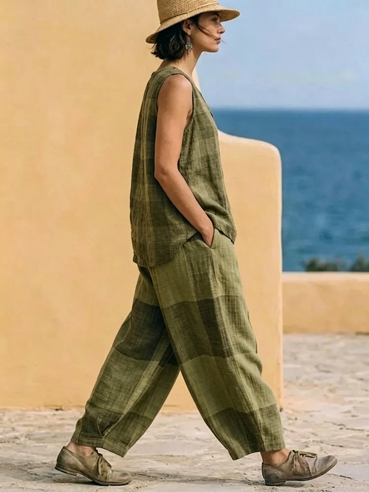Women's Plaid Sleeveless Top and Wide-Leg Pants Two-Piece Set