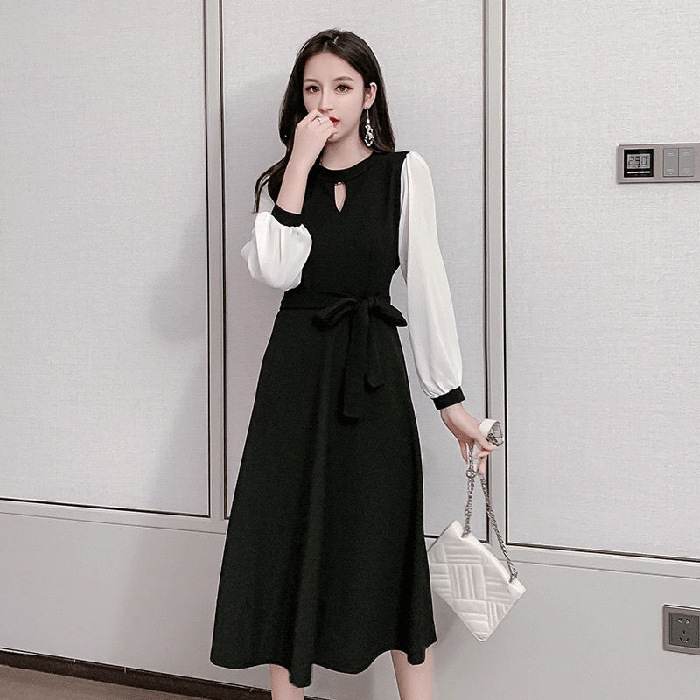 Women's Long Sleeve Little Black Dress A-Line Midi