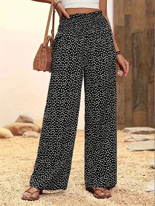 Boho Wide-Leg Pants with Polka Dot Print and Elastic Waist