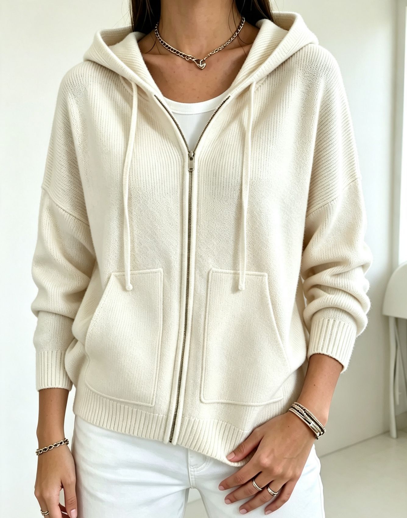 Women's Solid Hooded Zip-Up Knit Cardigan Loose Fit