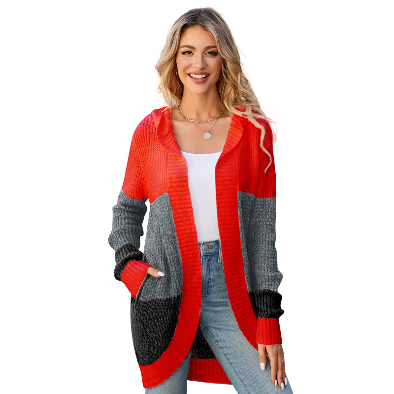 Women's Hooded Knit Cardigan Colorblock Lazy Style Mid-Length Sweater Coat