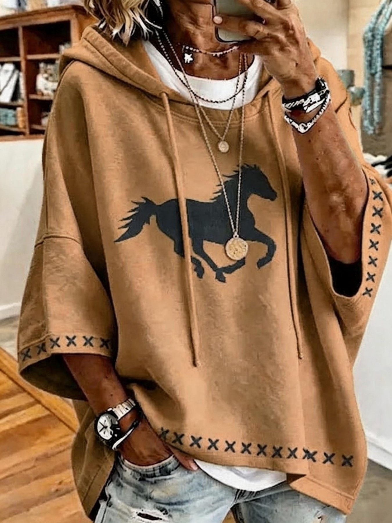 Women's Vintage Black Horse Print Drawstring Hoodie 3/4 Sleeve Loose Drop Shoulder Western Sweatshirt Camel
