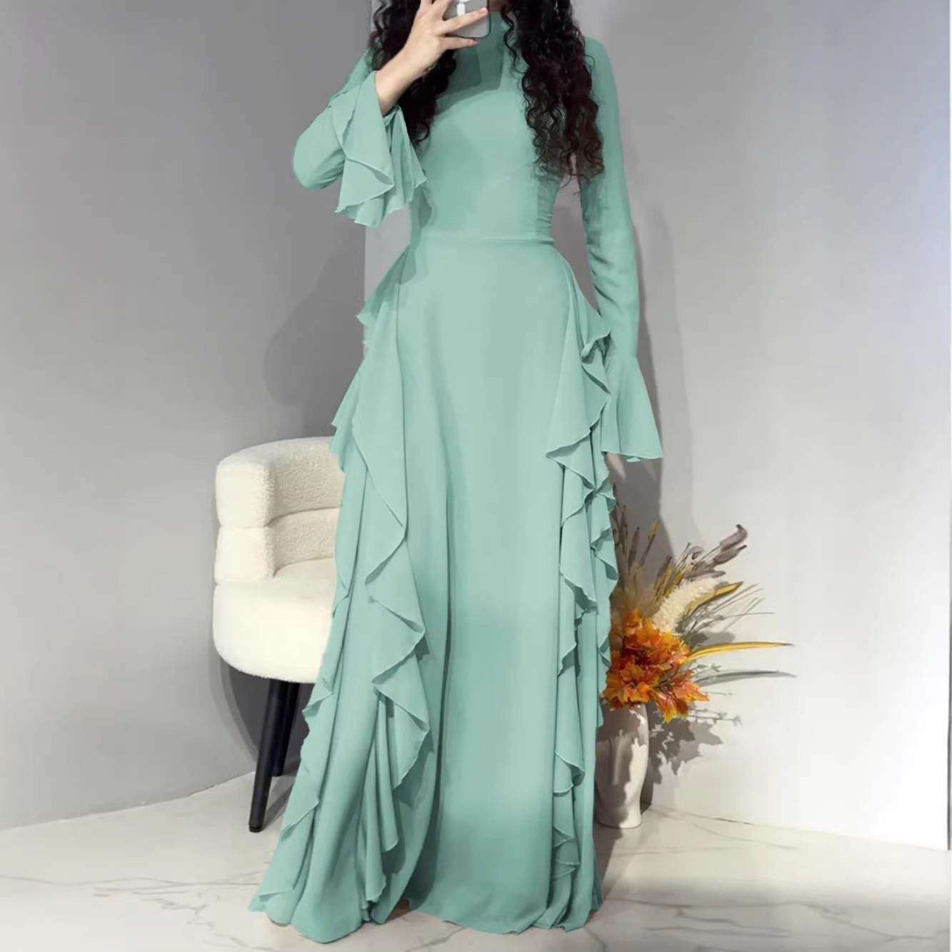 Elegant High-Waist Solid Bell-Sleeve Long Dress