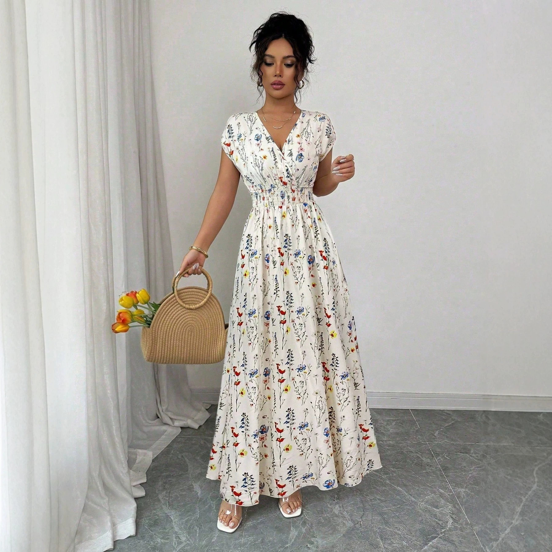 V-Neck Short Sleeve Floral A-Line Midi Dress