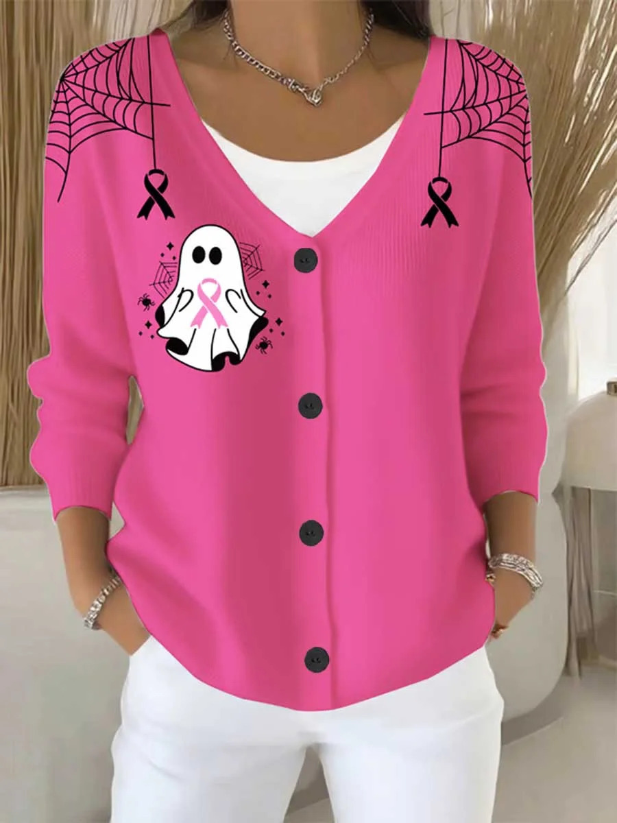 Women's Pet Print Ribbon Ghost Button Cardigan Sweater