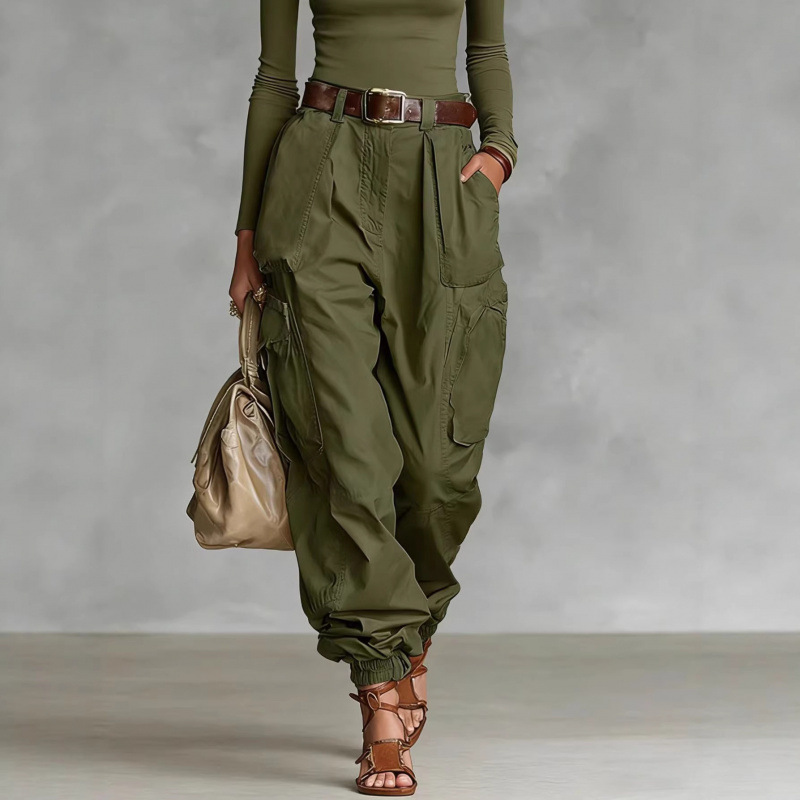 High-Waisted Wide-Leg Cargo Pants for Women, Loose Streetwear, Non-Stretch