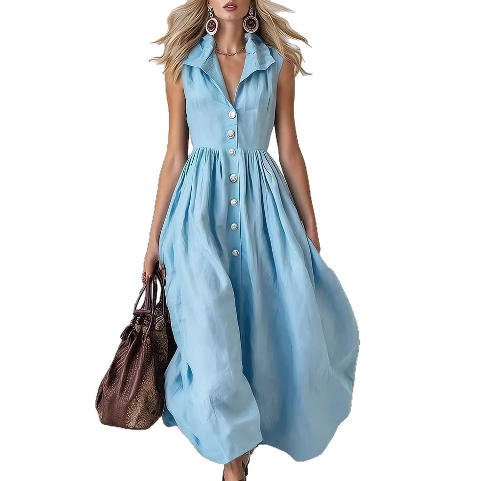Women's Solid Color Collared Slim Fit Long Dress