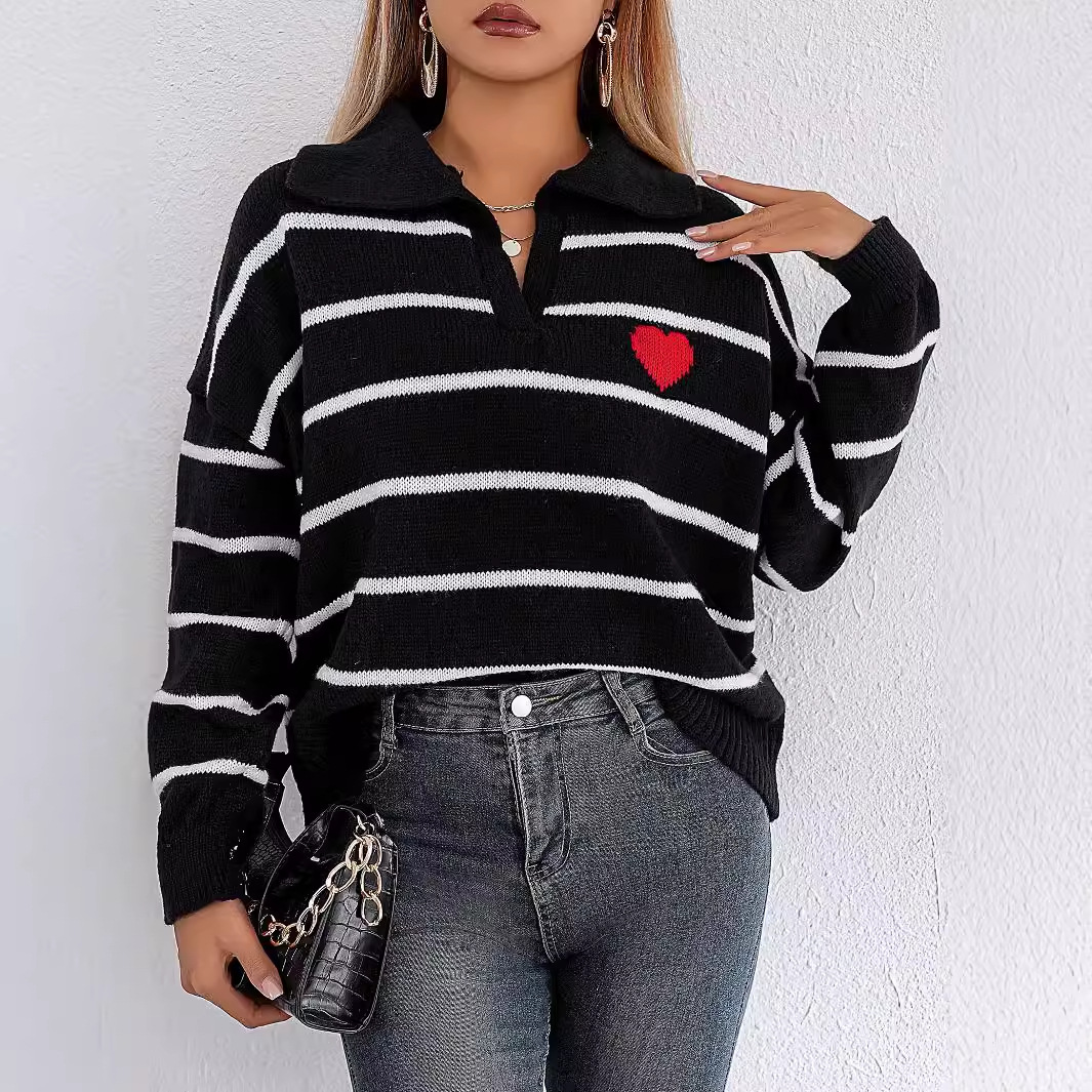 Women's Color-Block Striped Heart Polo Neck Sweater