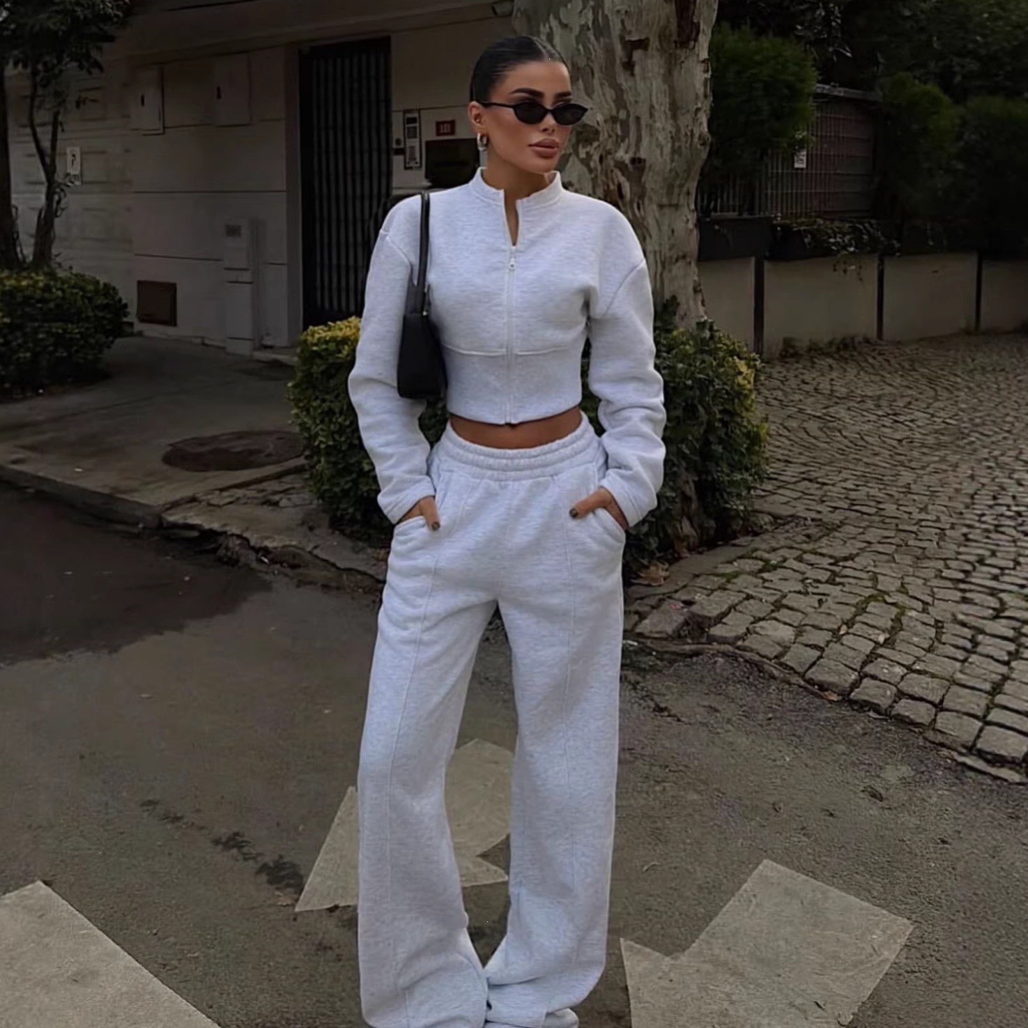 Women's Zip-Up Cardigan and Tie-Waist Pants Two-Piece Set