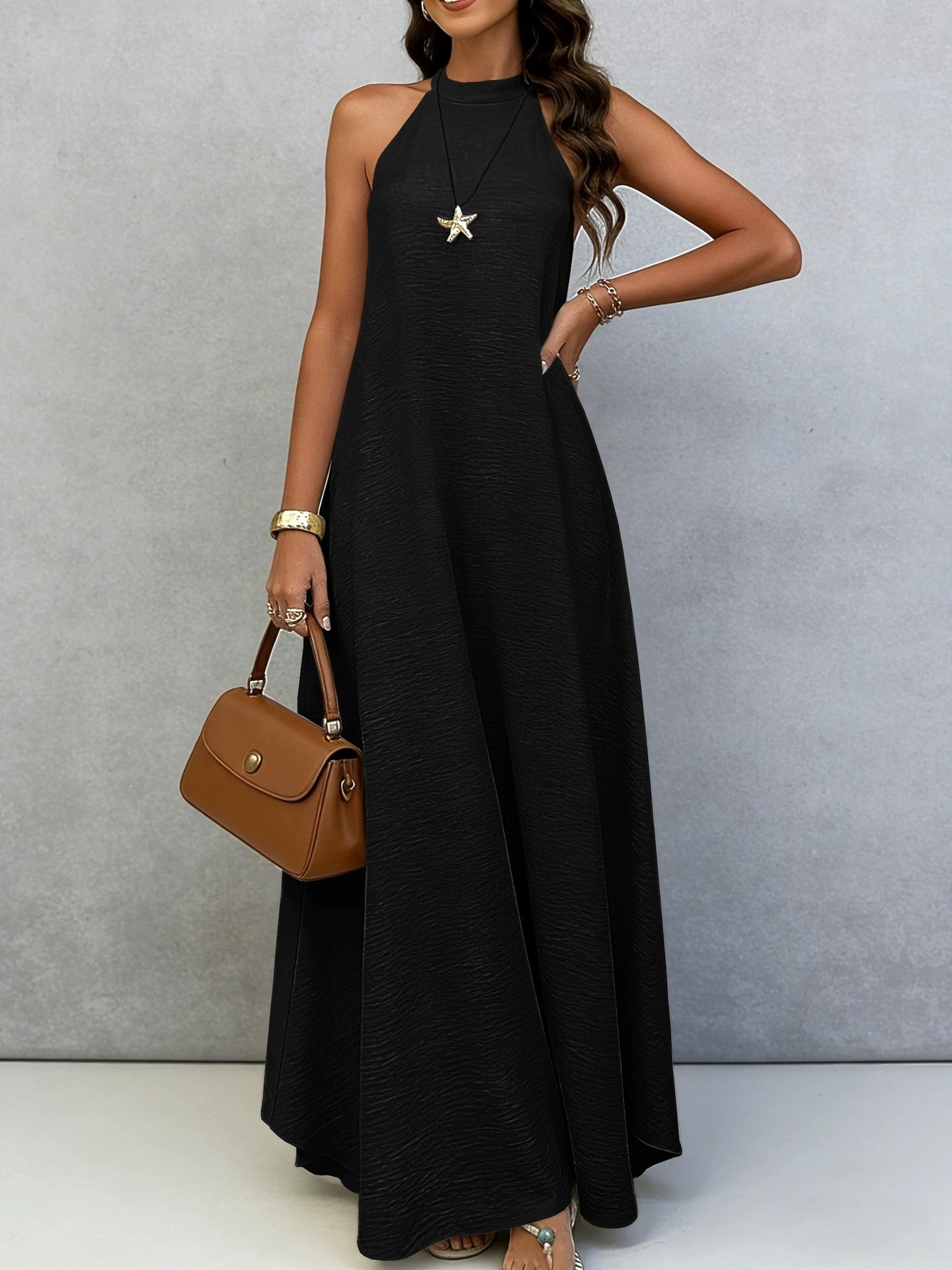 Sleeveless A-Line Midi Dress Solid Color High Waist Casual Elegant