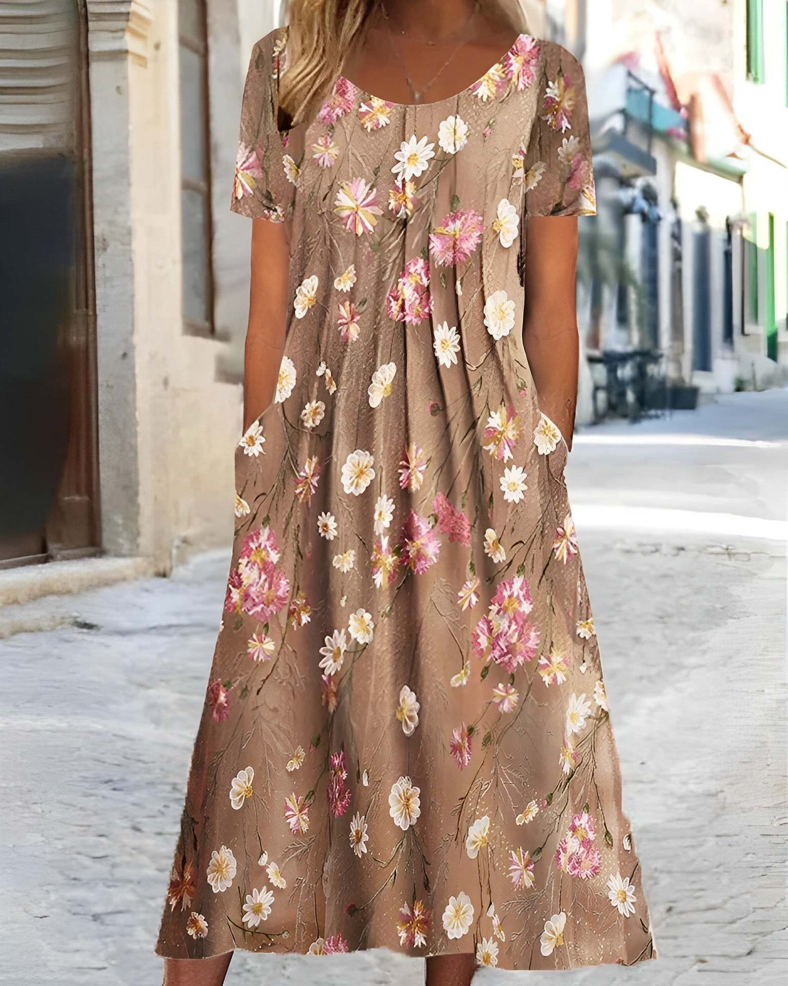 Women's Floral Round Neck Short Sleeve Pocket Dress