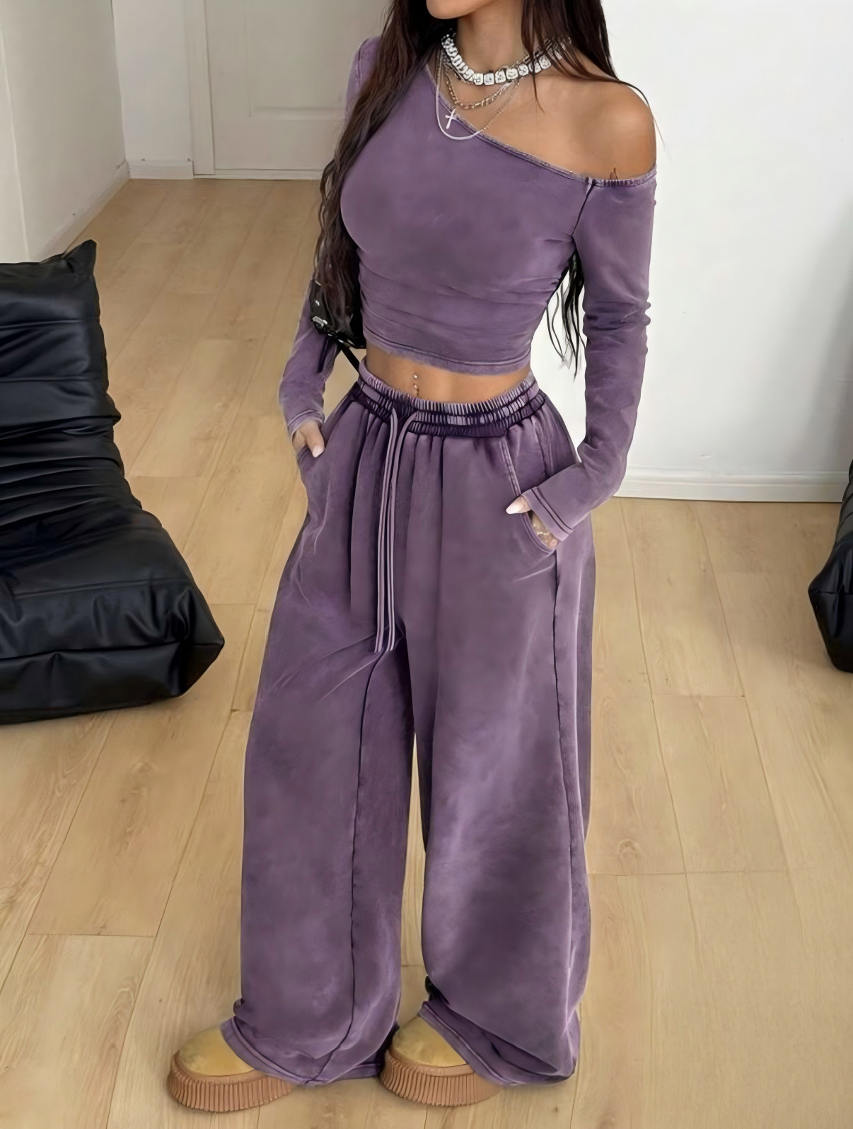 Washed Off-Shoulder Top & Wide-Leg Pants Lounge Set