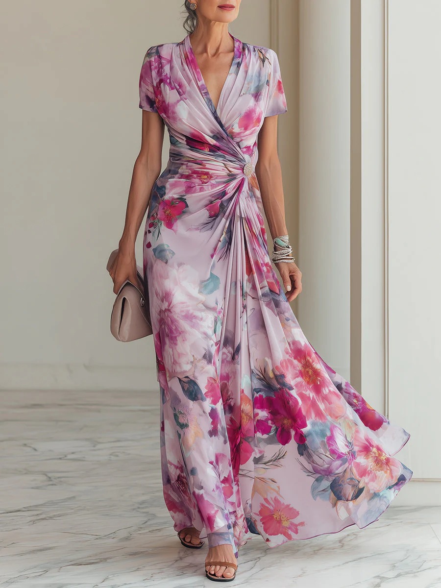 French V-Neck Short Sleeve Watercolor Floral Knot-Waist Flowy Maxi Dress
