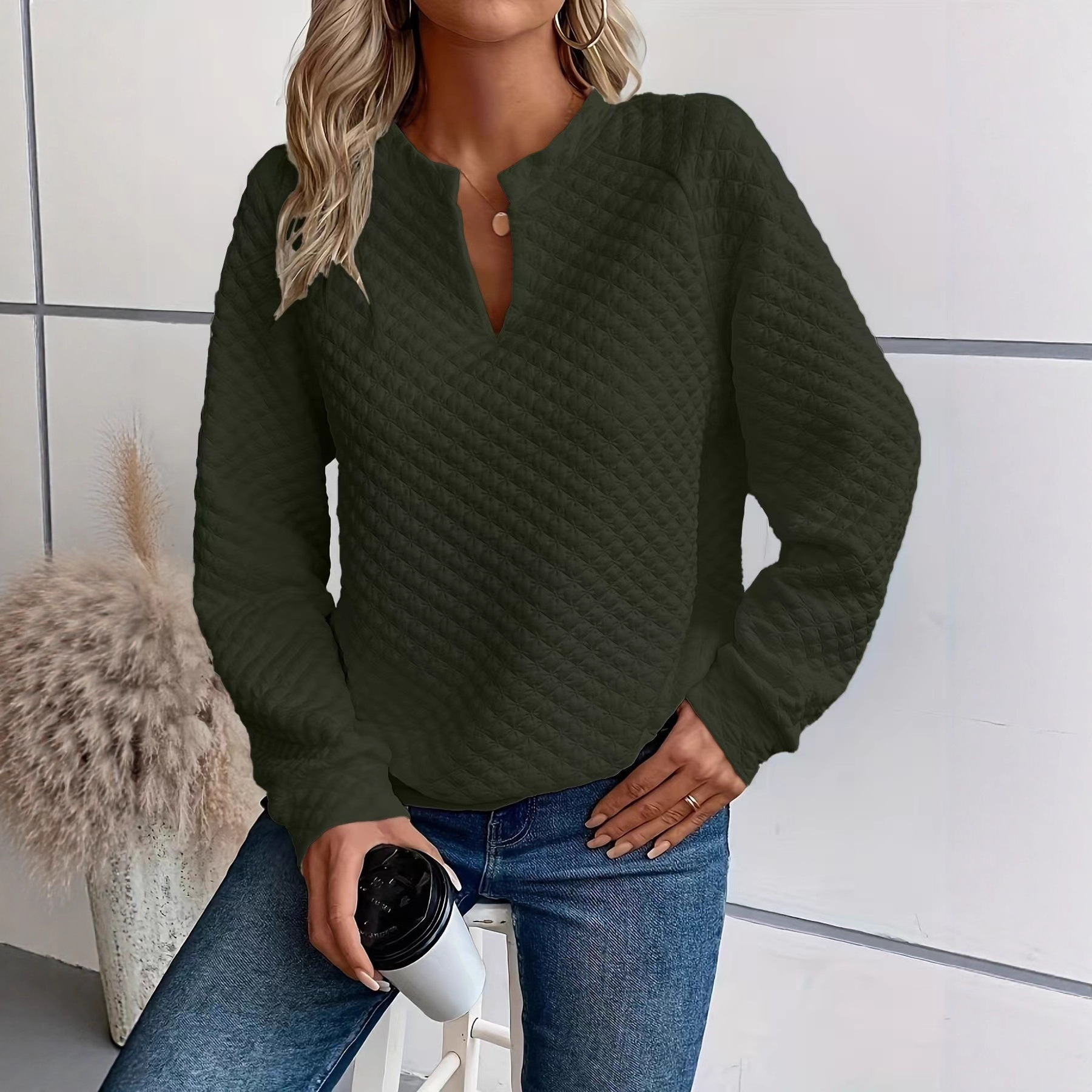 Women's Solid Color Deep V-Neck Long Sleeve Casual Sweatshirt