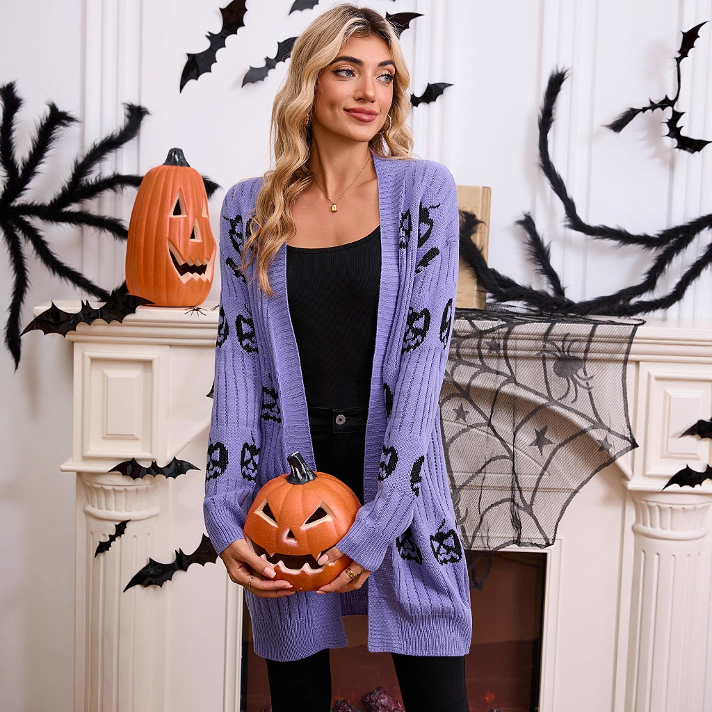 Halloween Pumpkin Jacquard Knit Cardigan Sweater for Women