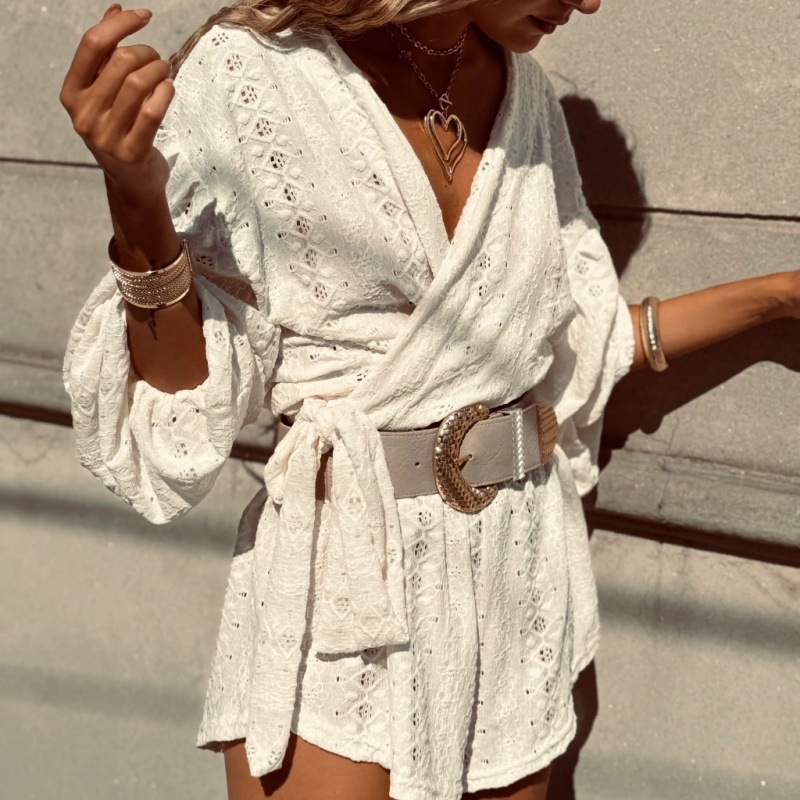 Women's Jacquard Long Sleeve Shirt and Shorts Set Casual Beach Vacation Two-Piece
