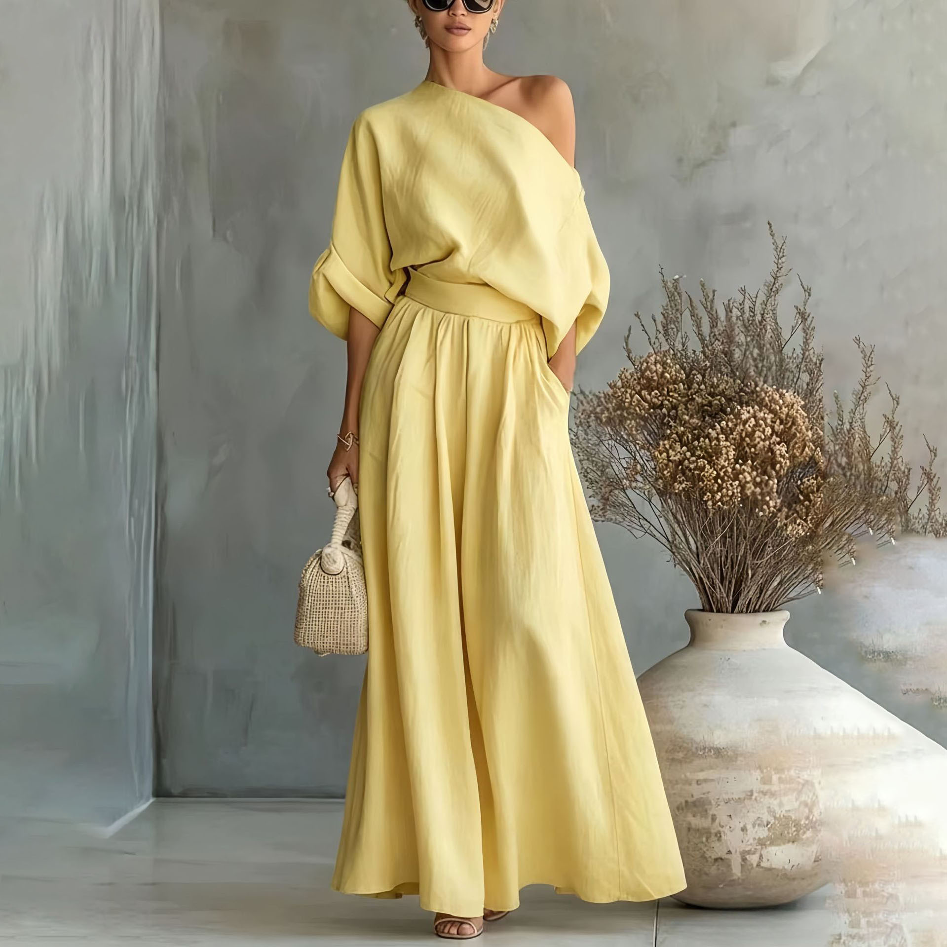 Women's Off-Shoulder Two-Piece Set Solid Color Pocket Wide-Leg Pants Casual Loose Fit