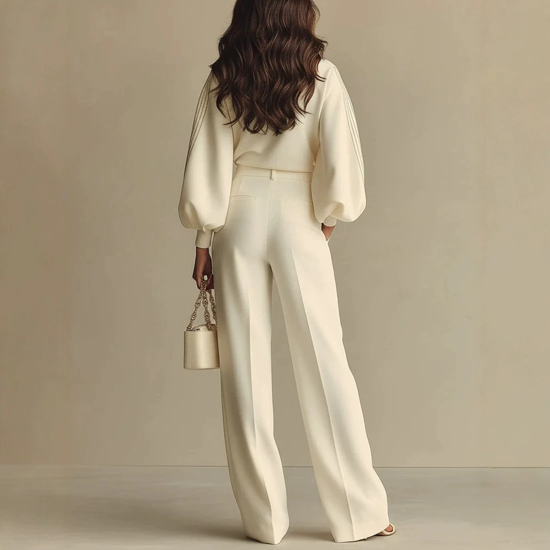 Off-White Knit Top and High-Waist Wide-Leg Pants Set