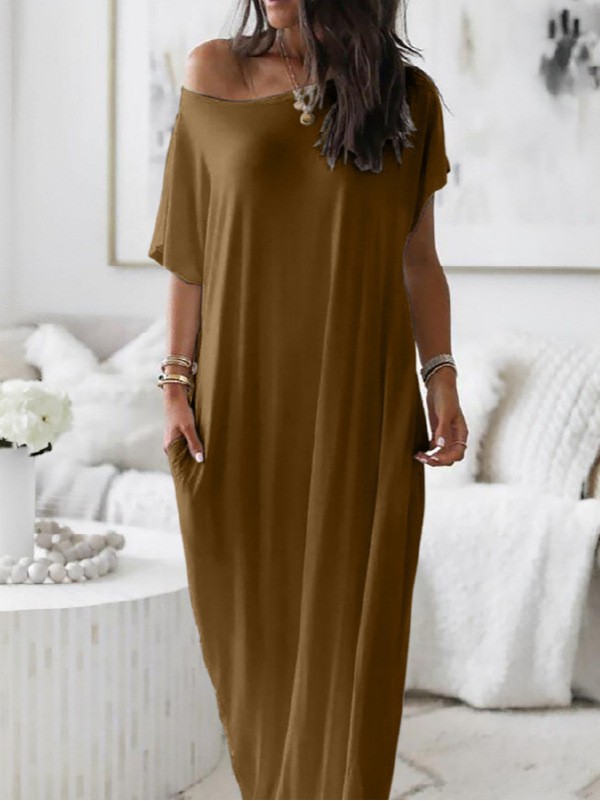 Women's Off-Shoulder Short Sleeve Casual Dress with Pockets